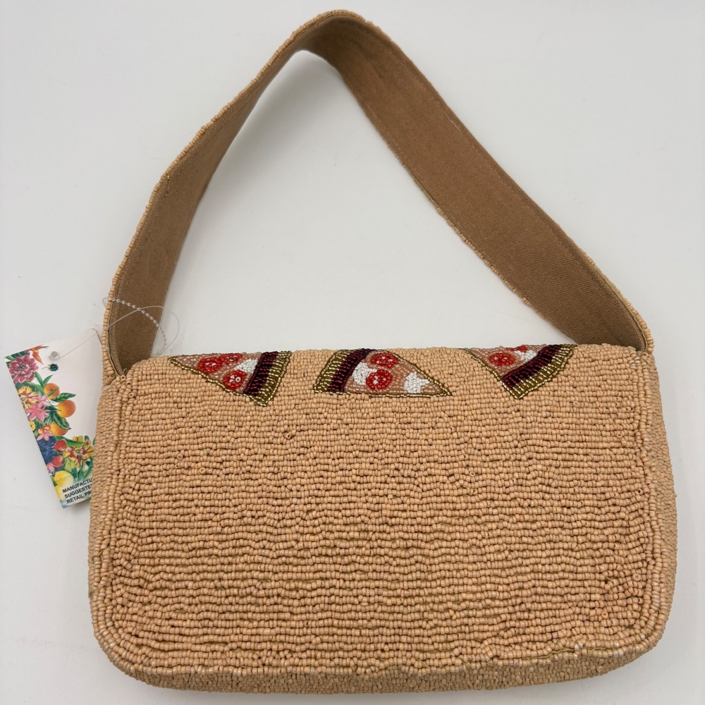 Express Edit Tan Beaded Pizza Slice Shoulder Bag Novelty Baguette Purse NWT - Picture 3 of 7